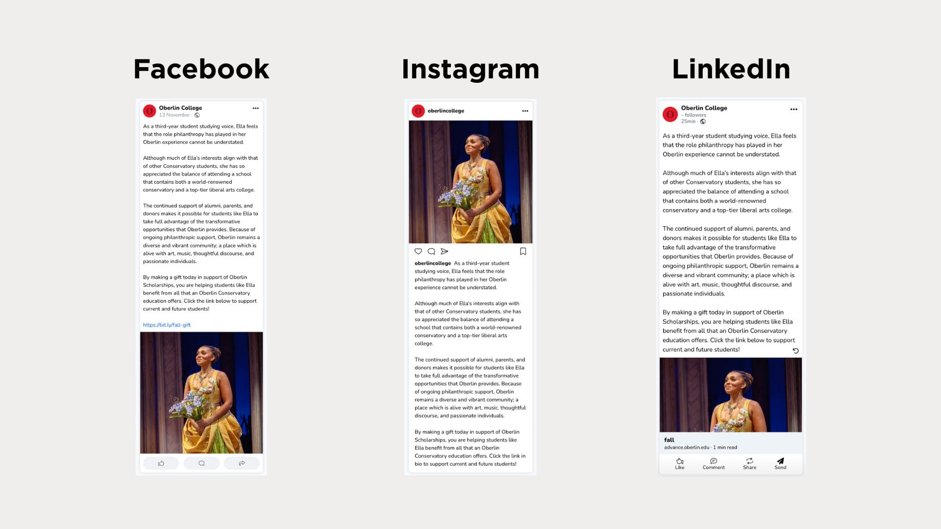 The same giving appeal with a different student, shown as Facebook, Instagram, and LinkedIn posts