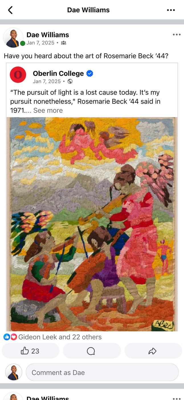 Screenshot of a post by Dae Williams in the Oberlin Alumni Facebook group, with reactions and comments