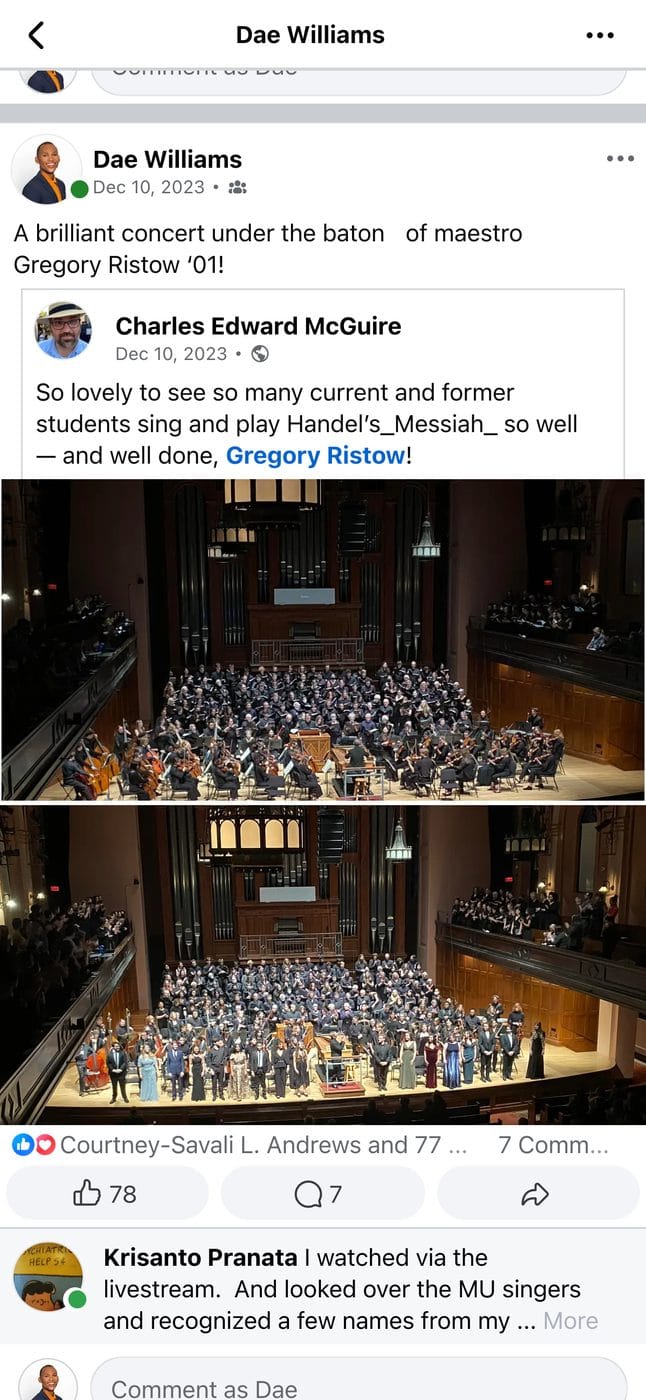Screenshot of a post by Dae Williams in the Oberlin Alumni Facebook group, with reactions and comments