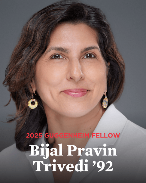 Portrait announcement design for Bijal Pravin Trivedi's 2025 Guggenheim fellowship